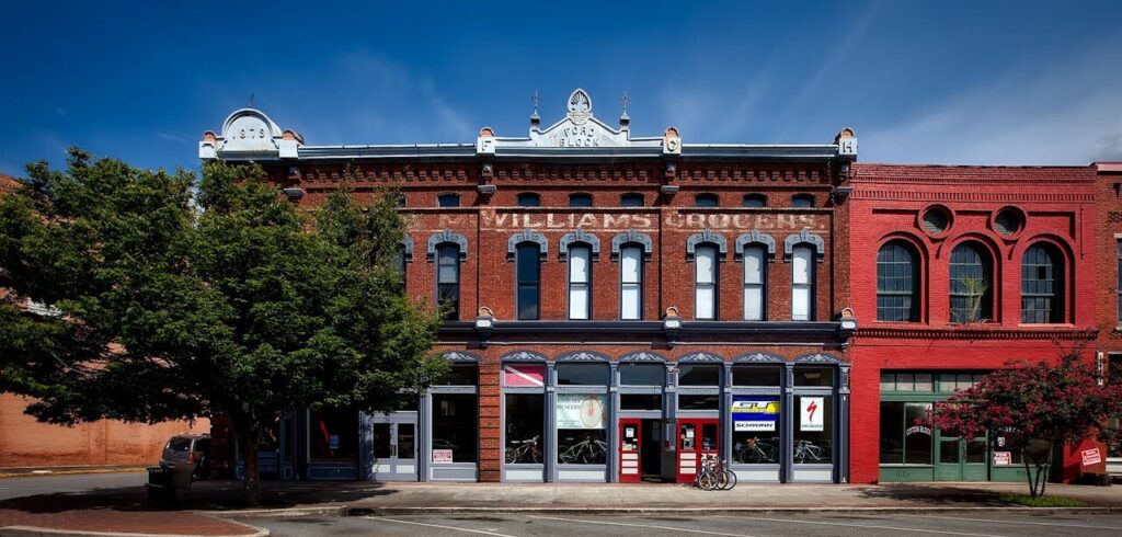 Brunswick County, Virginia USA - April 28, 2024: Downtown main street in the city of Lawrenceville, VA.